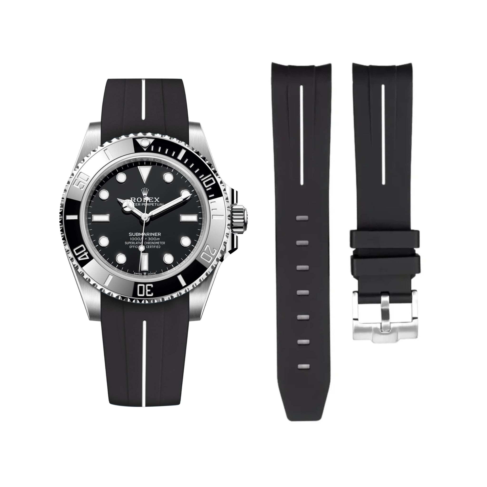 Rubber Strap - For Rolex Submariner - Black w/White Line | LuxLine®