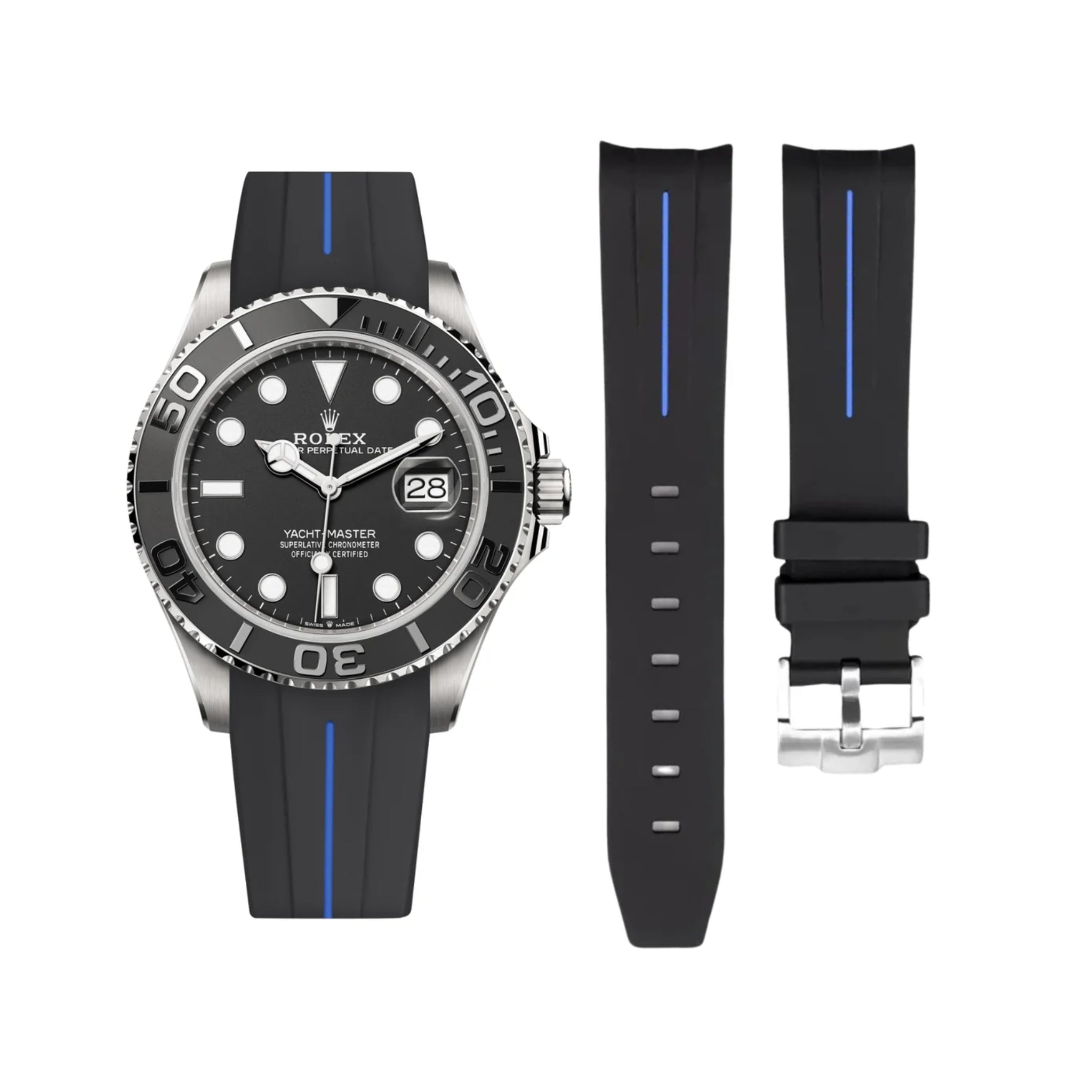 Rubber Strap - For Rolex Yacht-Master - Black w/Blue Line | LuxLine®