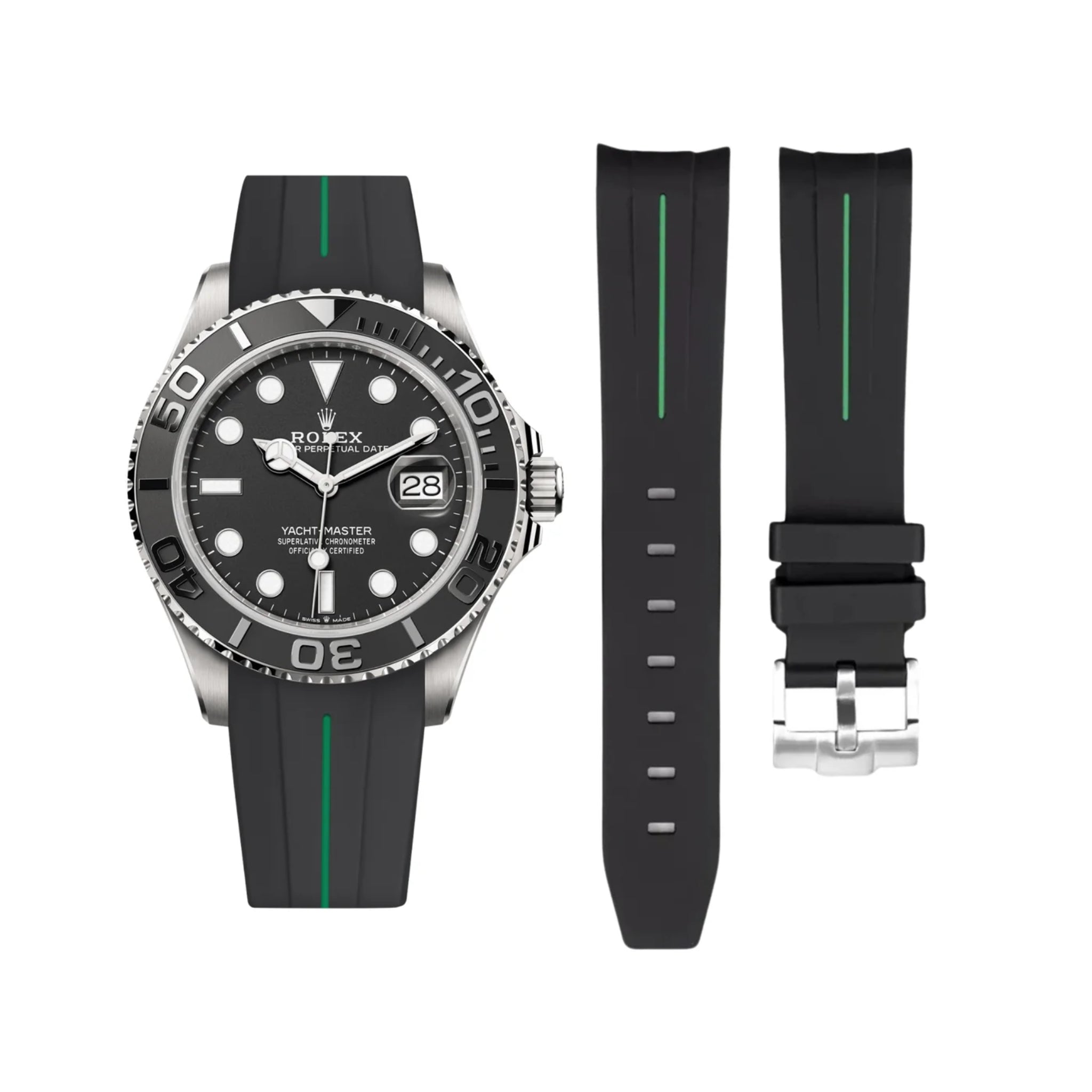 Rubber Strap - For Rolex Yacht-Master - Black w/Green Line | LuxLine®