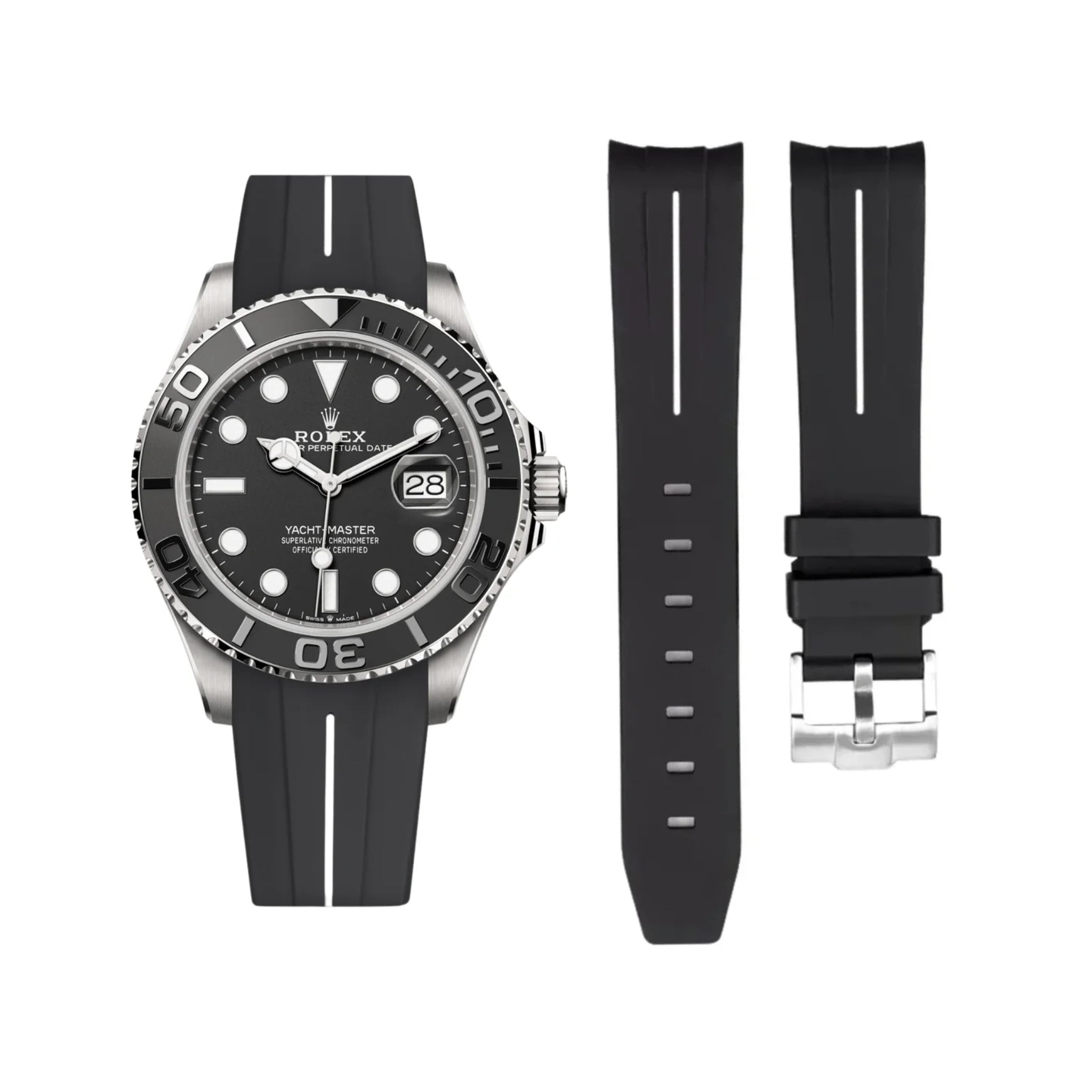 Rubber Strap - For Rolex Yacht-Master - Black w/White Line | LuxLine®