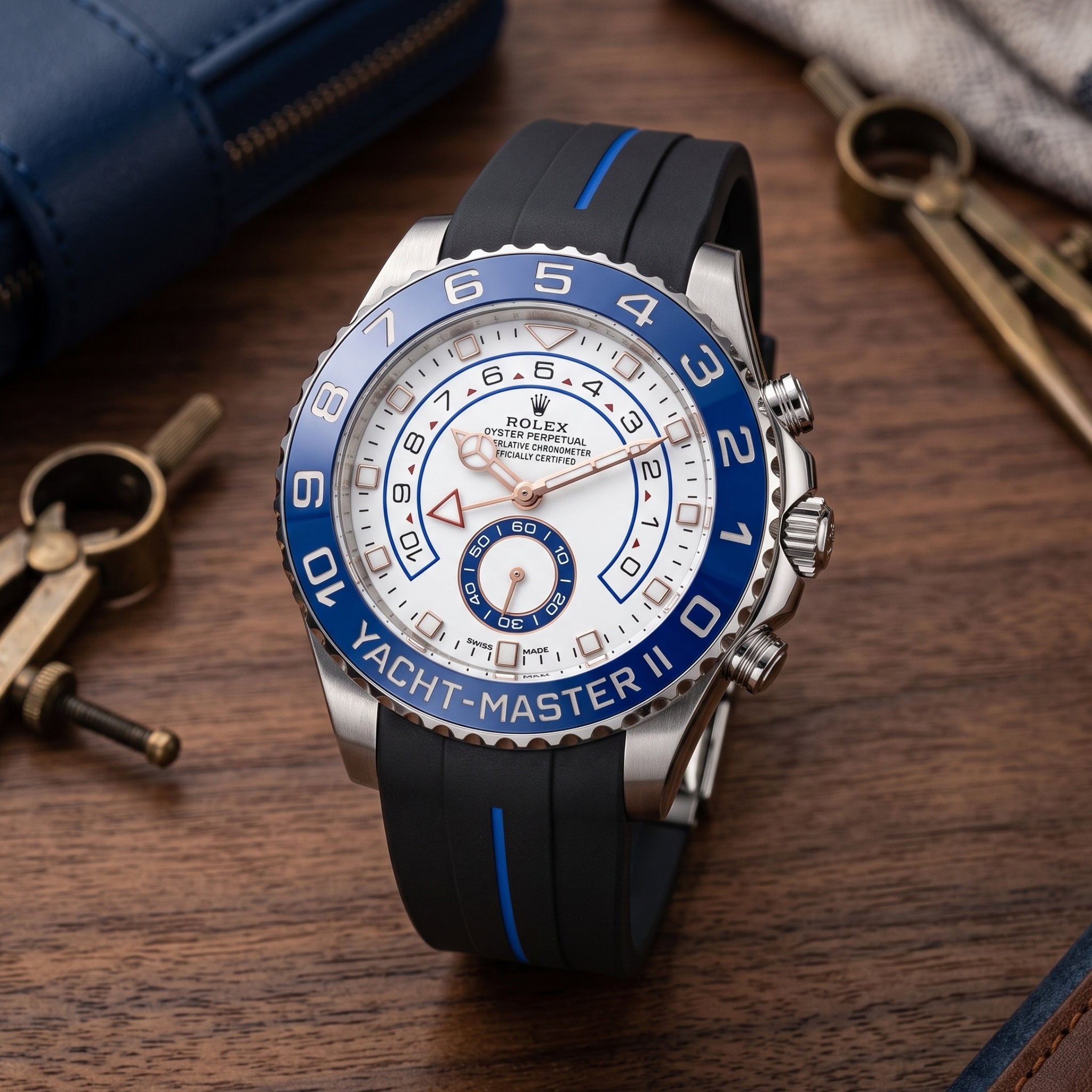 Correa de caucho desplegable - Para Rolex Yacht-Master II 44mm - Negra con línea azul | LuxLine®