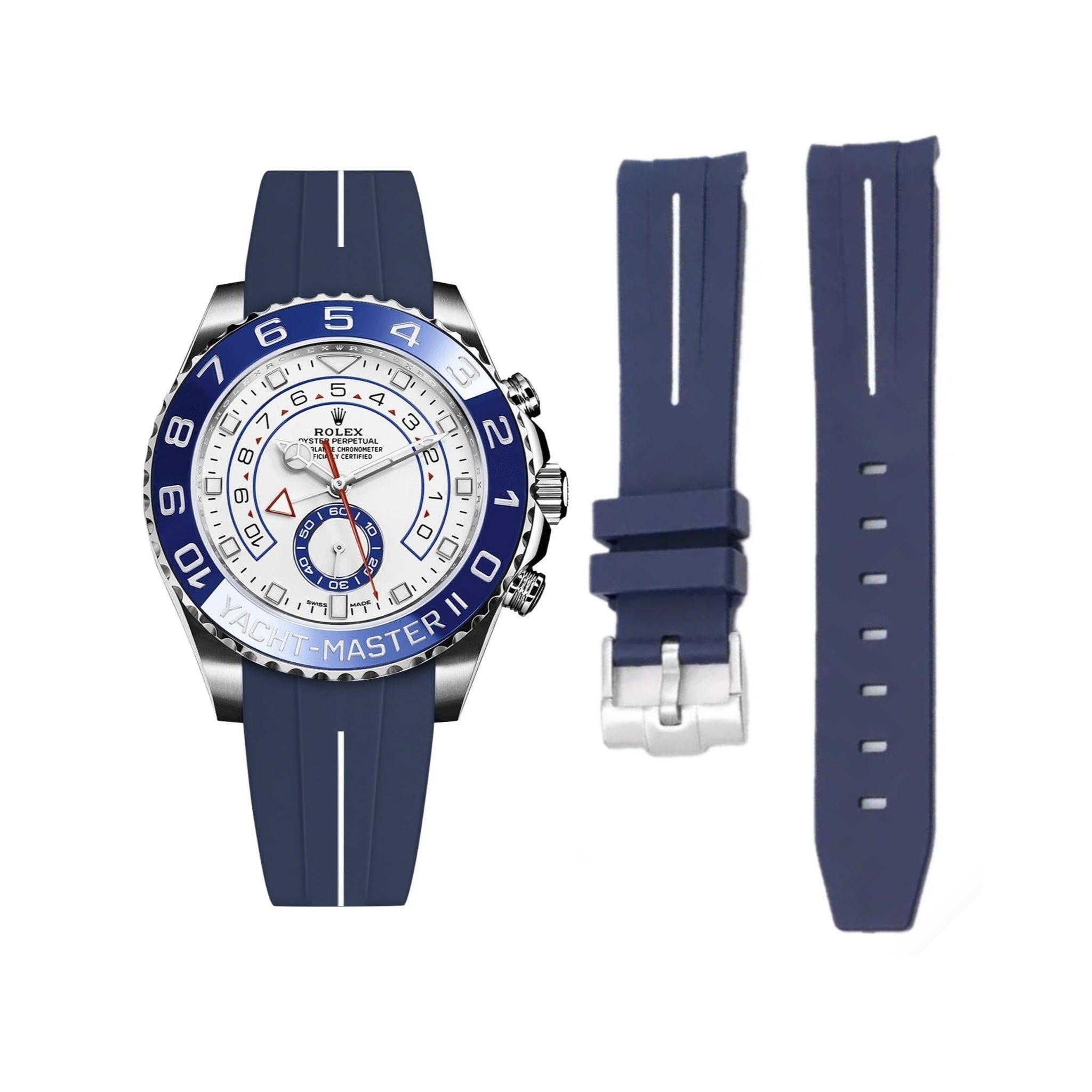 Correa de caucho - Para Rolex Yacht-Master II 44mm - Azul marino con línea blanca | LuxLine®