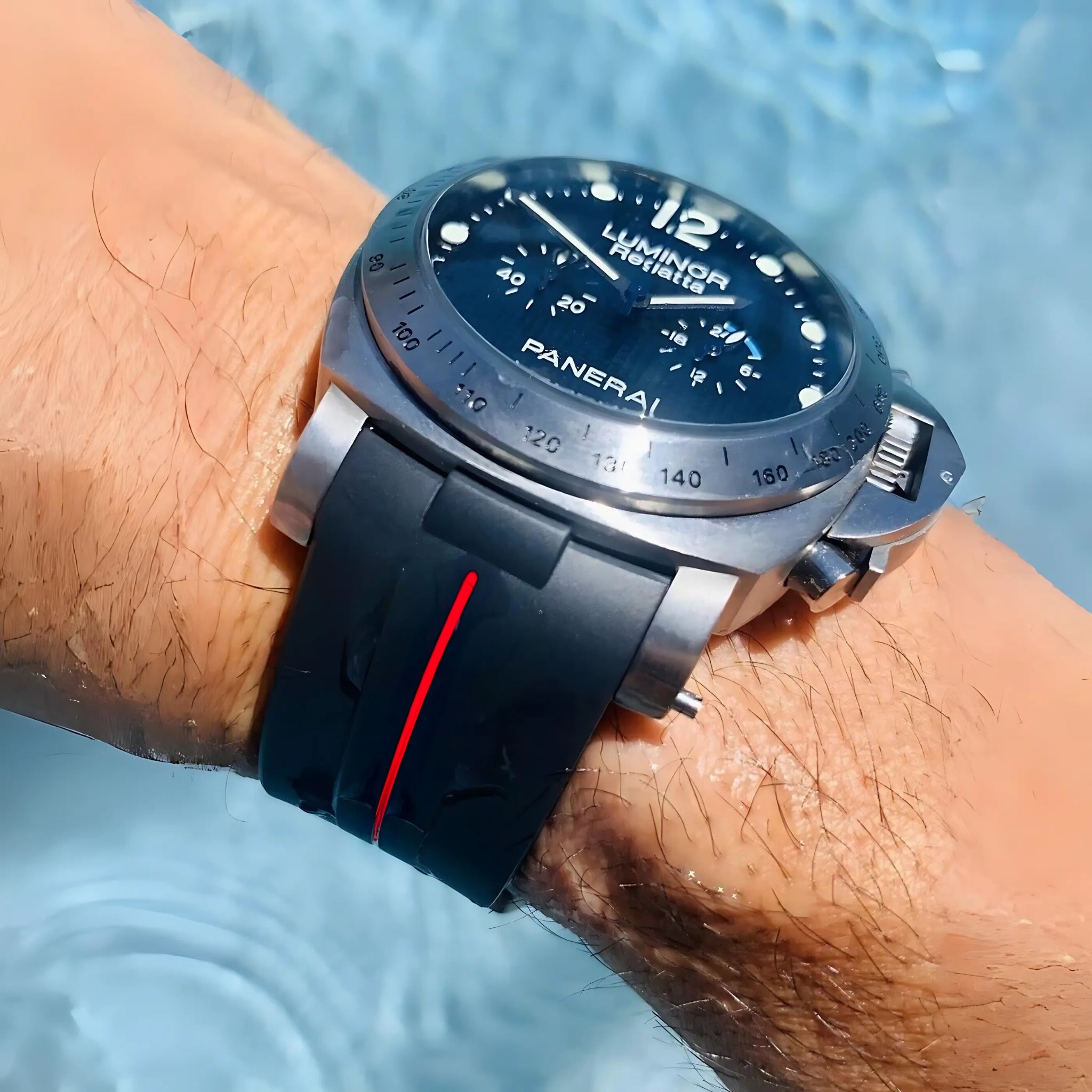 Rubber Curved Strap - For Panerai Luminor 44mm - Black w/Red | LuxLine® - Helvetus