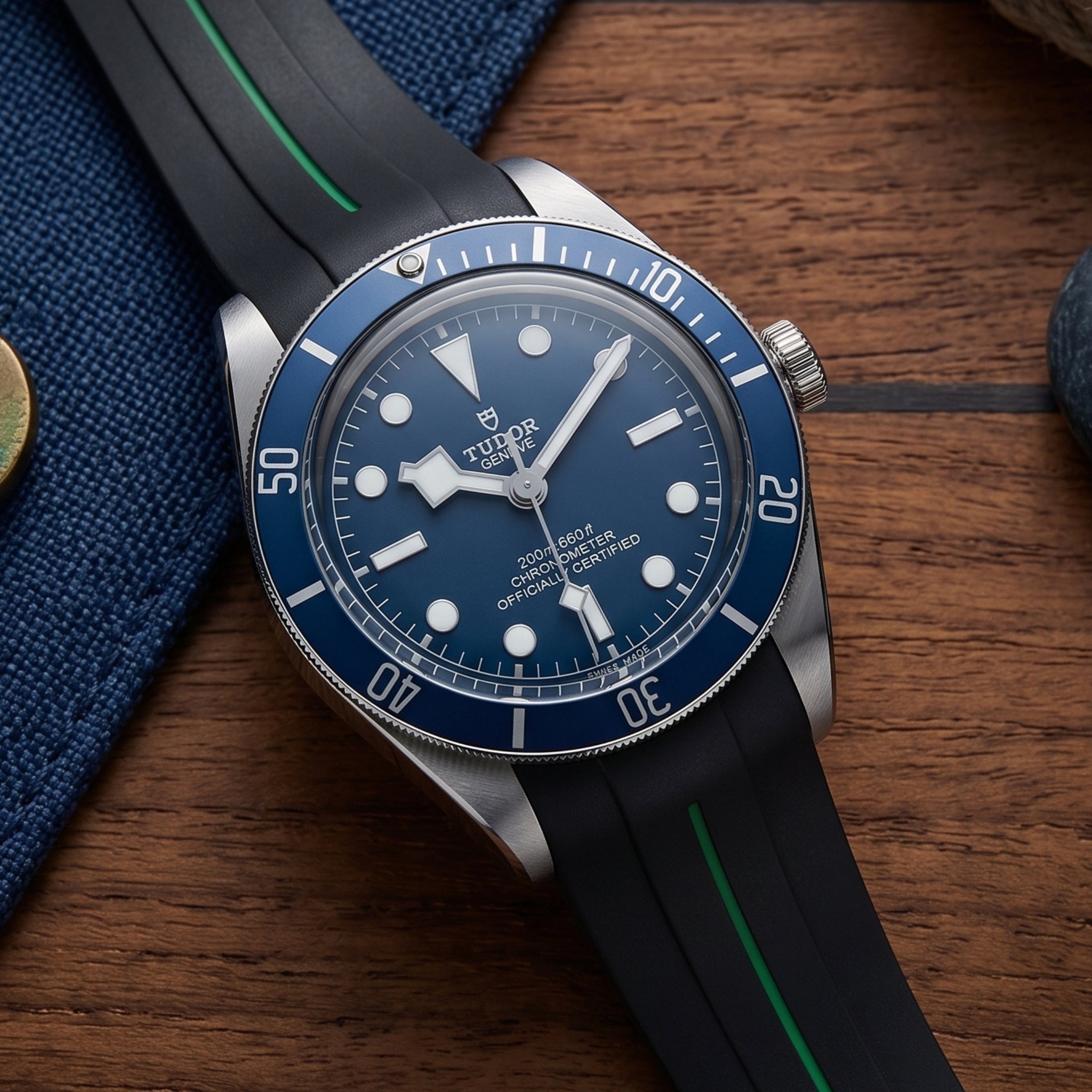 Rubber Strap - For all Tudor Black Bay Models - Black w/Green Line | LuxLine® - Helvetus