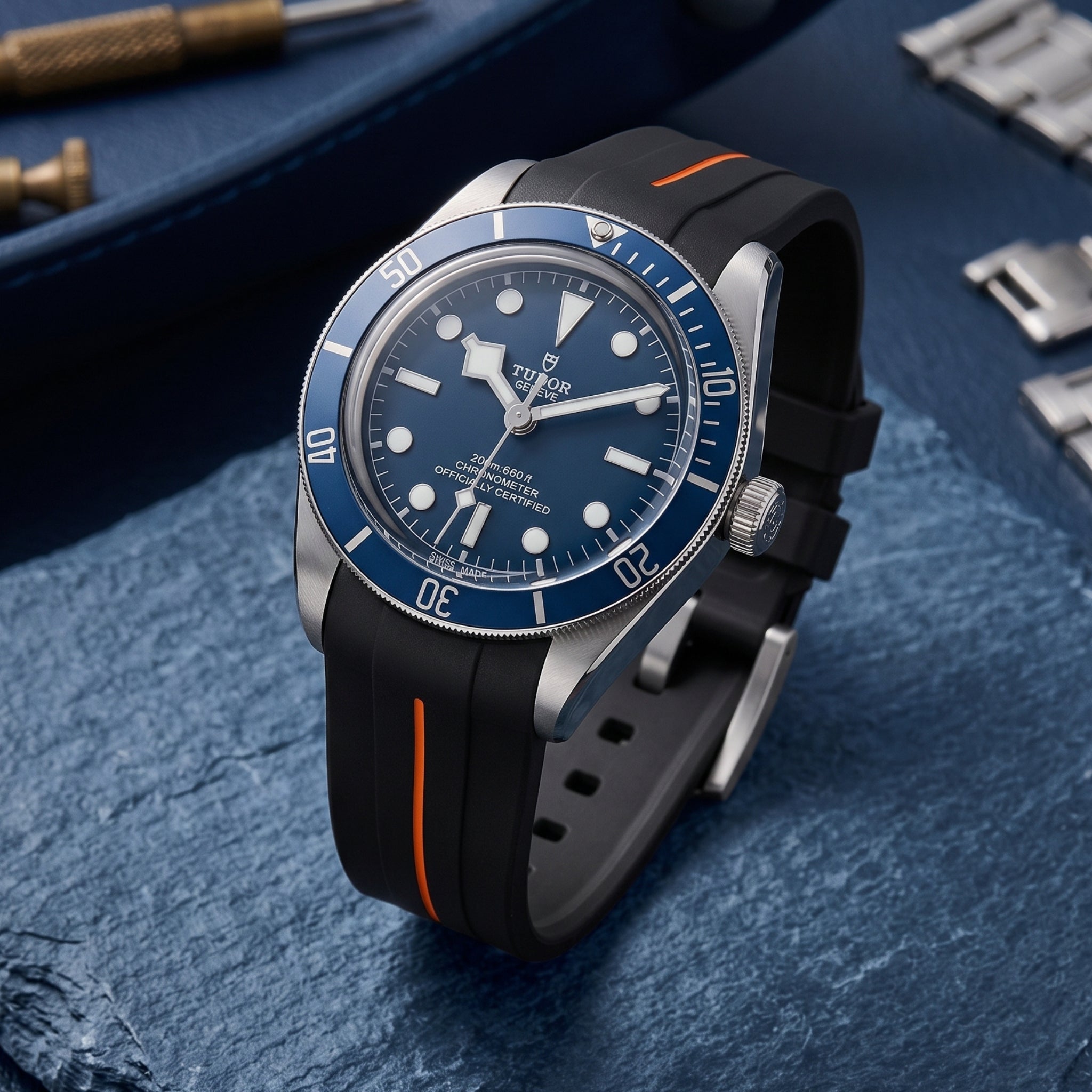 Rubber Strap - For all Tudor Black Bay Models - Black w/Orange Line | LuxLine® - Helvetus