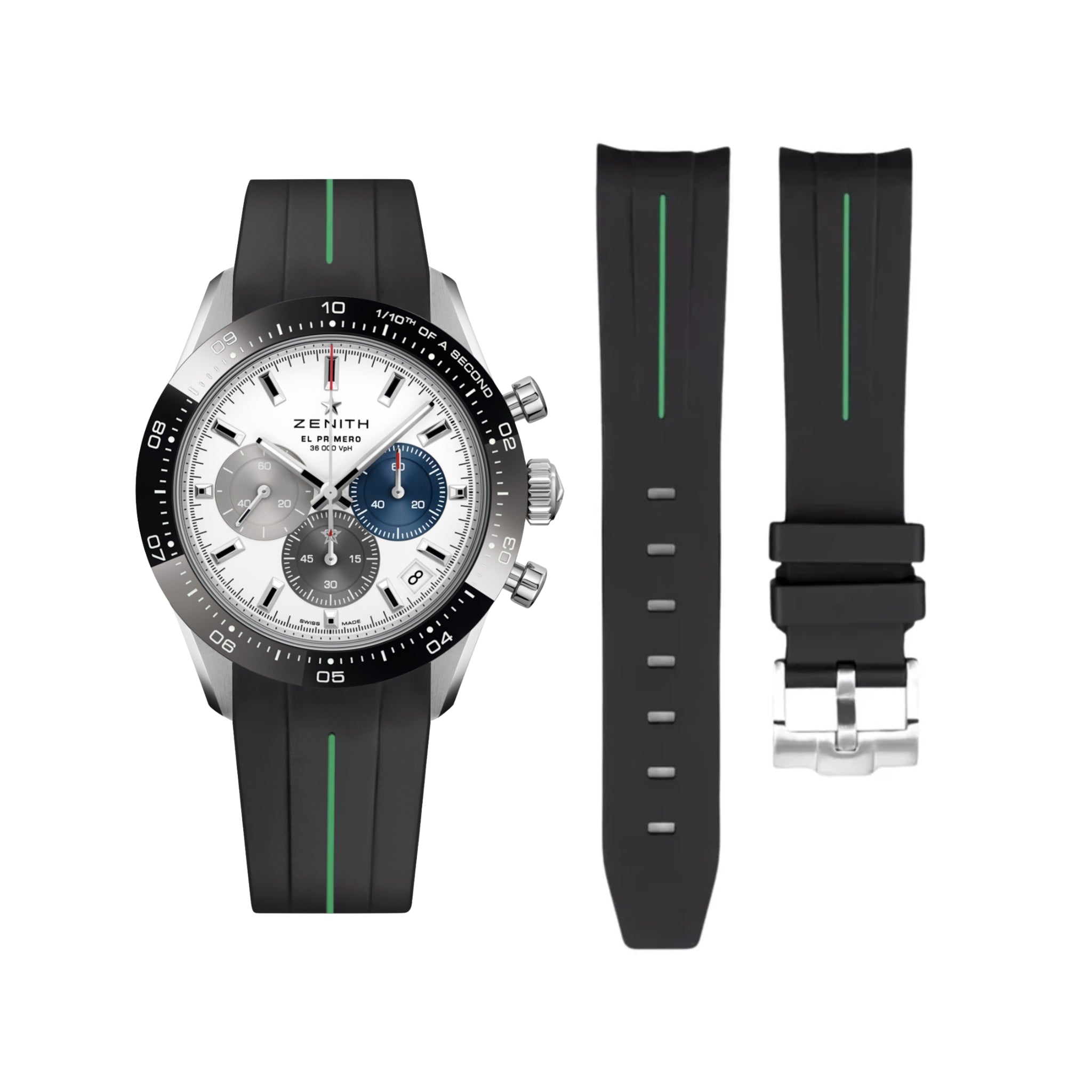 Rubber Strap - For all Zenith Chronomaster Models - Black w/Green Line | LuxLine® - Helvetus
