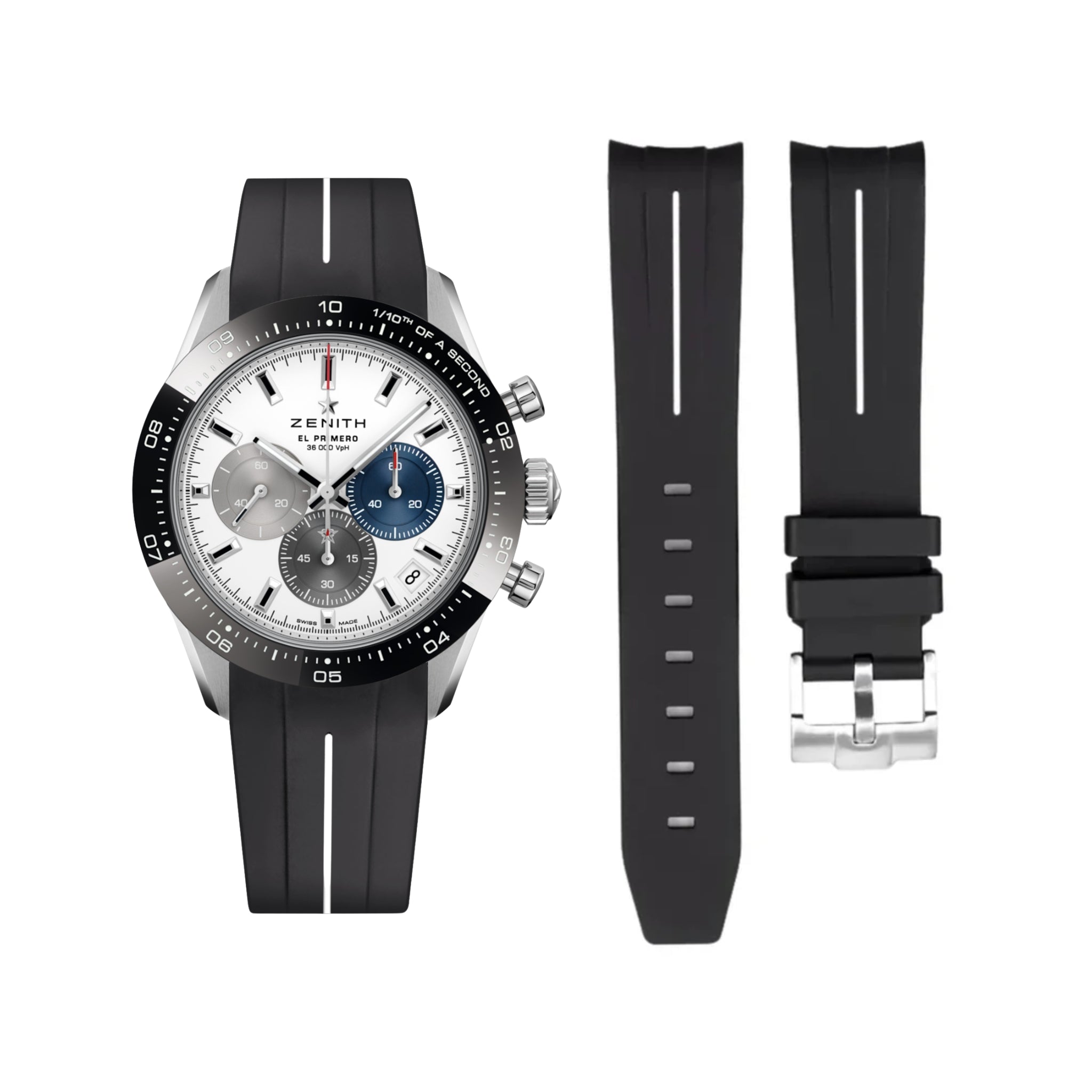 Rubber Strap - For all Zenith Chronomaster Models - Black w/White Line | LuxLine® - Helvetus