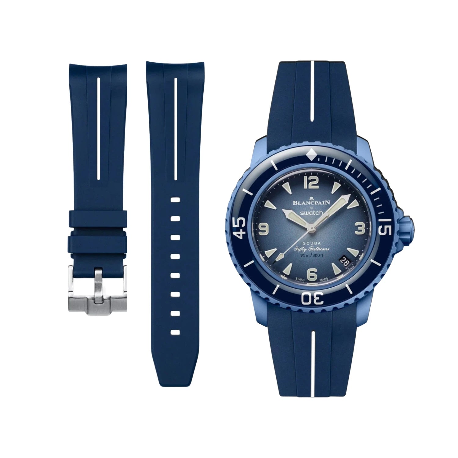 Rubber Strap - For Blancpain X Swatch - Atlantic Ocean - Blue w/White Line | LuxLine® - Helvetus