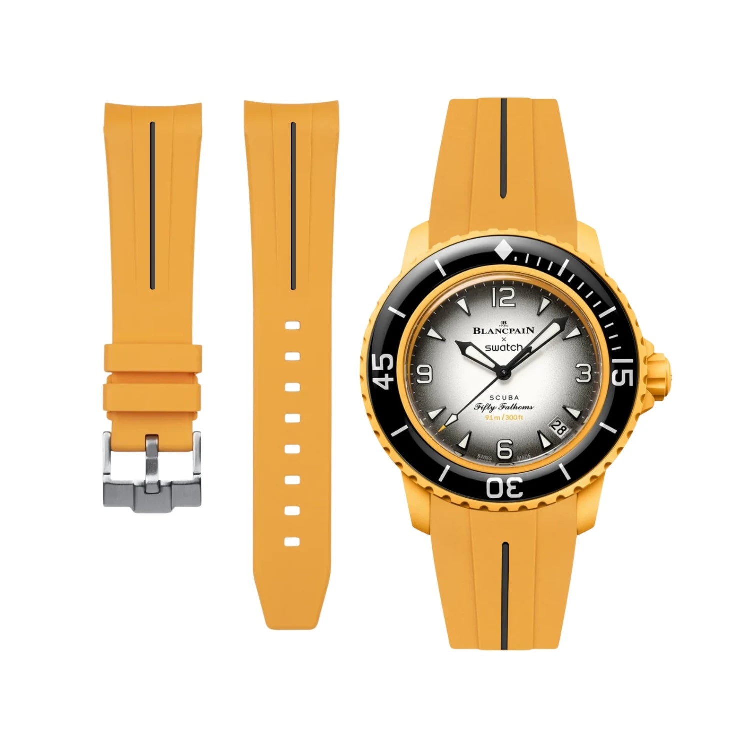 Rubber Strap - For Blancpain X Swatch - Pacific Ocean - Yellow w/Black Line | LuxLine® - Helvetus