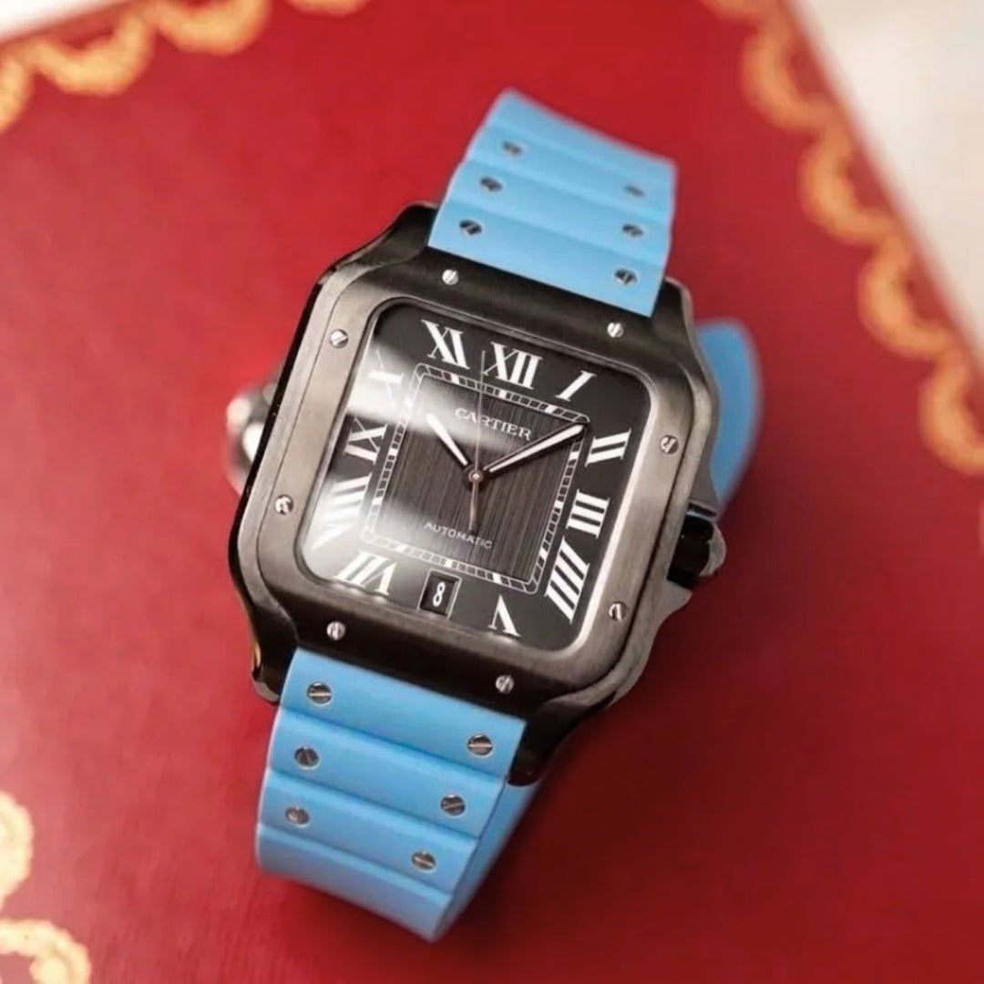 Rubber Strap - For Cartier Santos Medium/Large - Light Blue with Screws - Quick Release/Switch - Helvetus