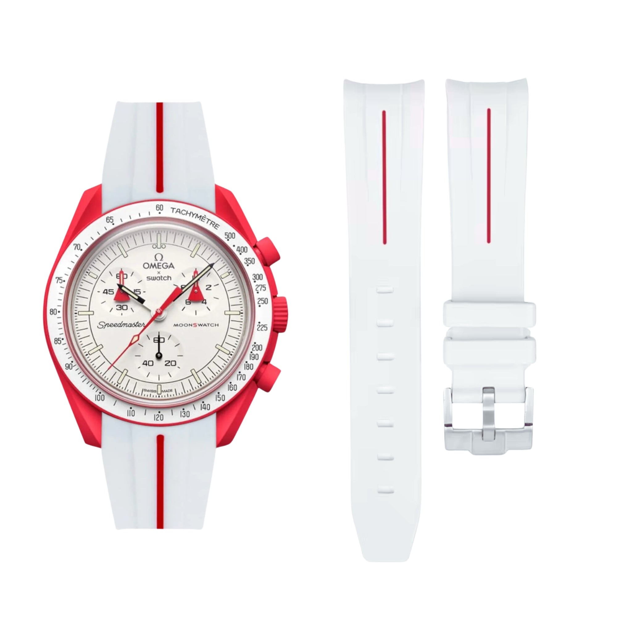 Rubber Strap - For Mission to Mars | Omega X Swatch | MoonSwatch - White w/Red Line - Helvetus