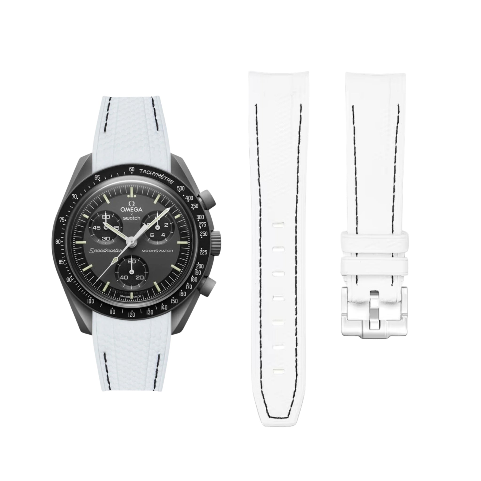 Rubber Strap - For Mission to Mercury | Omega X Swatch | MoonSwatch - White w/Black Line - Helvetus