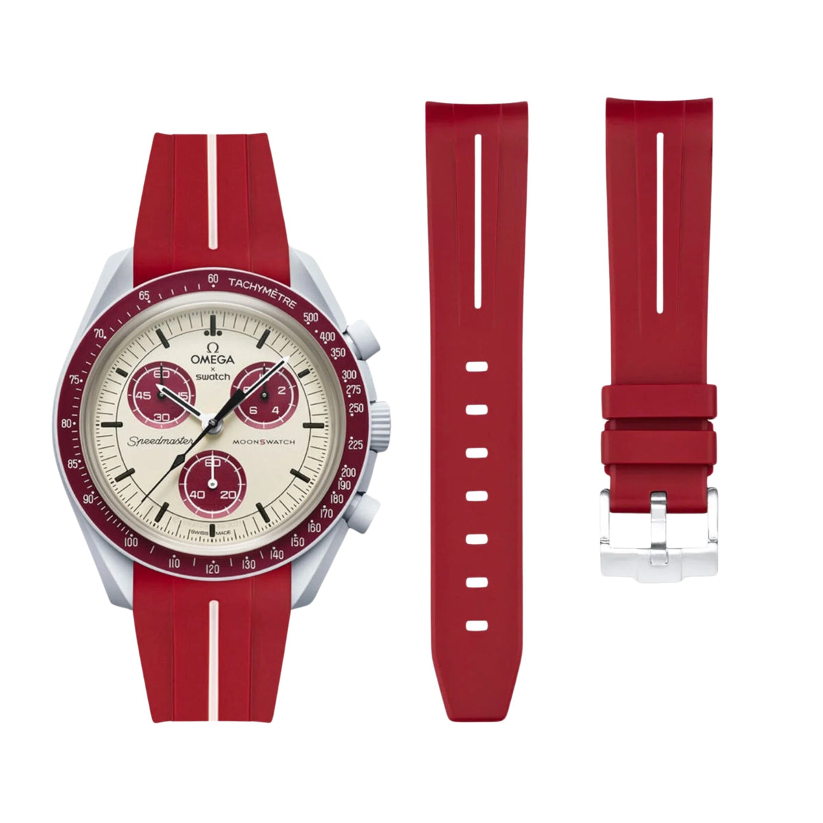 Strap for Mission to Pluto Moonswatch in Red w/White - Helvetus 
