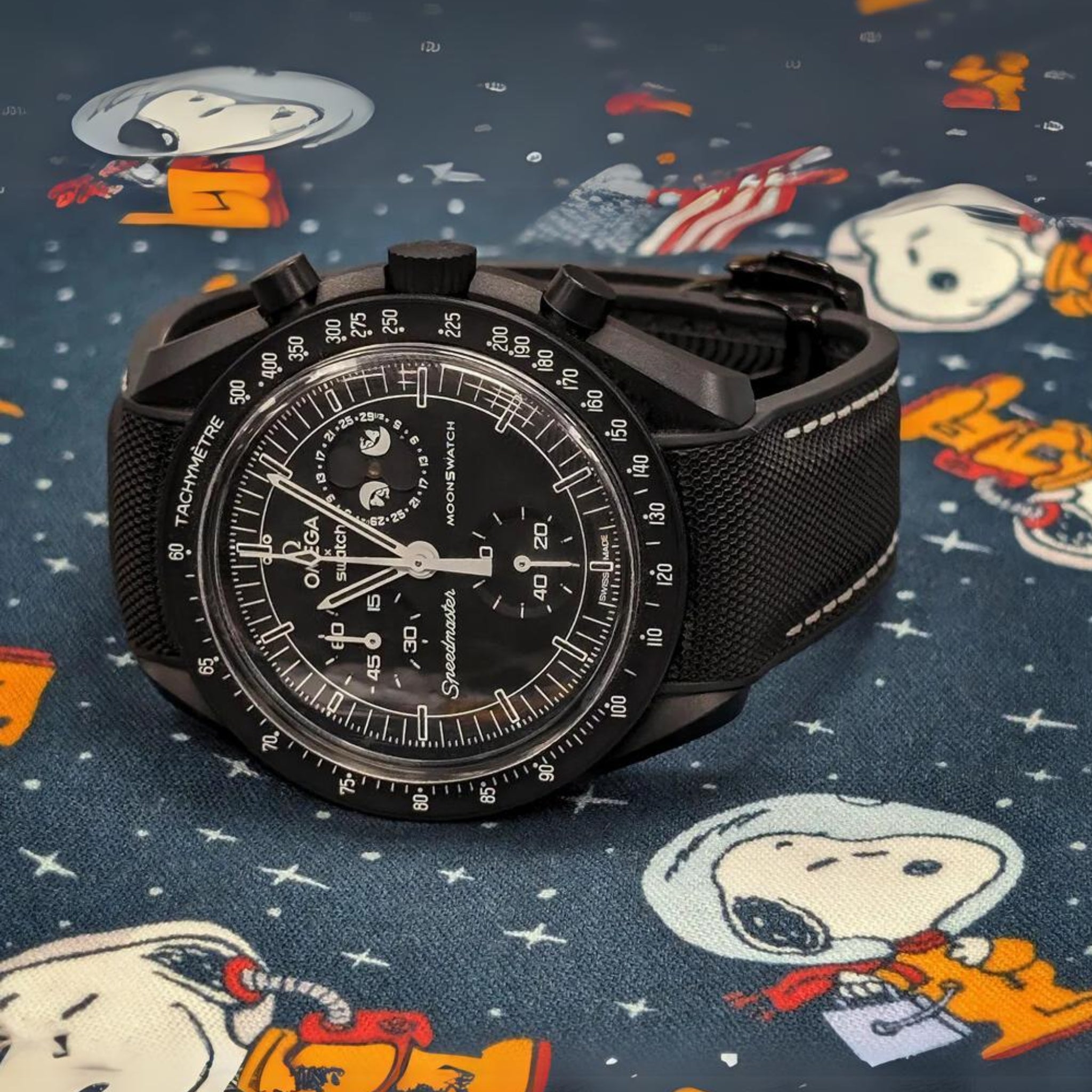 Rubber Strap - For Mission to the Moonphase - New Moon/Snoopy | Omega X Swatch | MoonSwatch - Black w/White - Helvetus