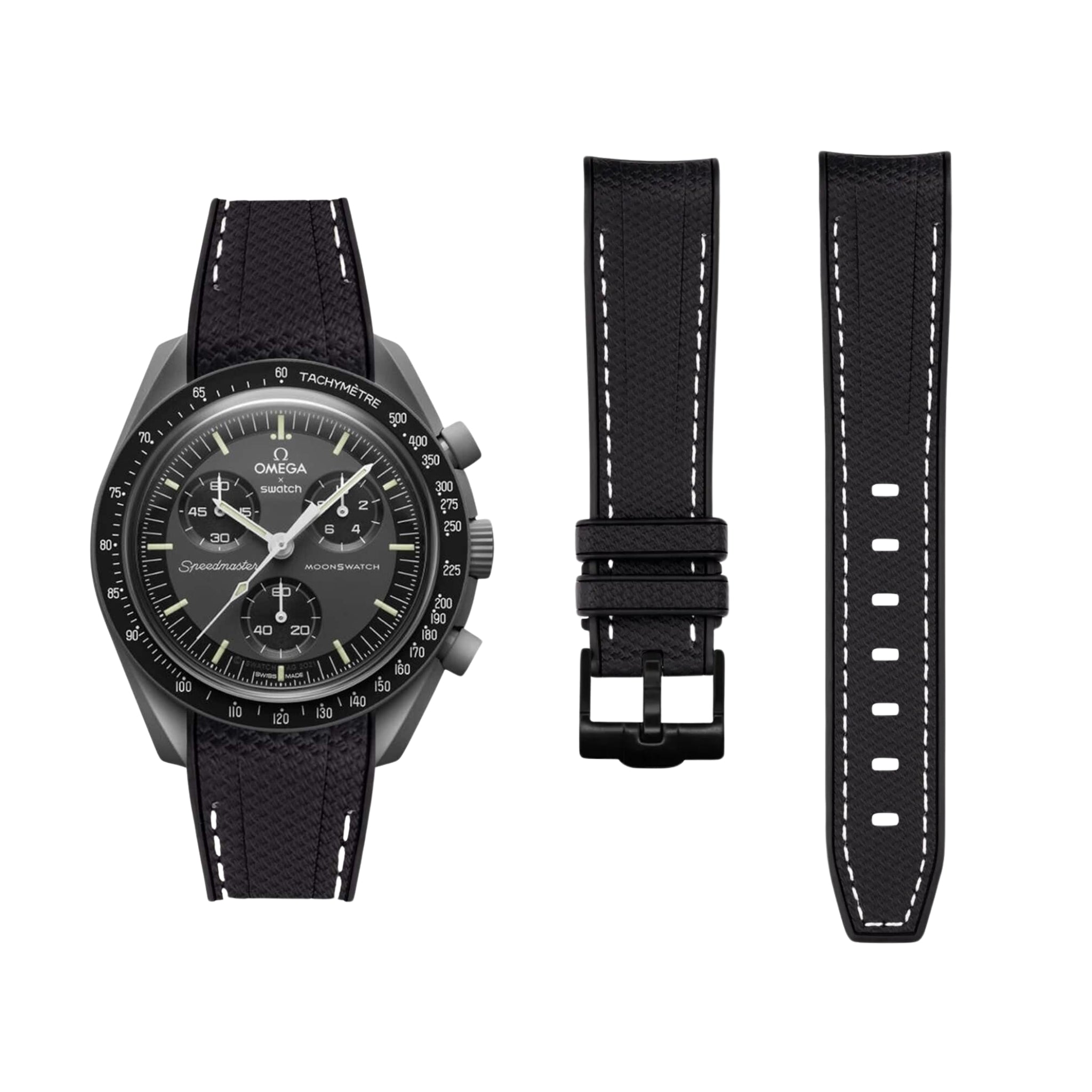 Rubber Strap - For Mission to the Moonphase - New Moon/Snoopy | Omega X Swatch | MoonSwatch - Black w/White - Helvetus