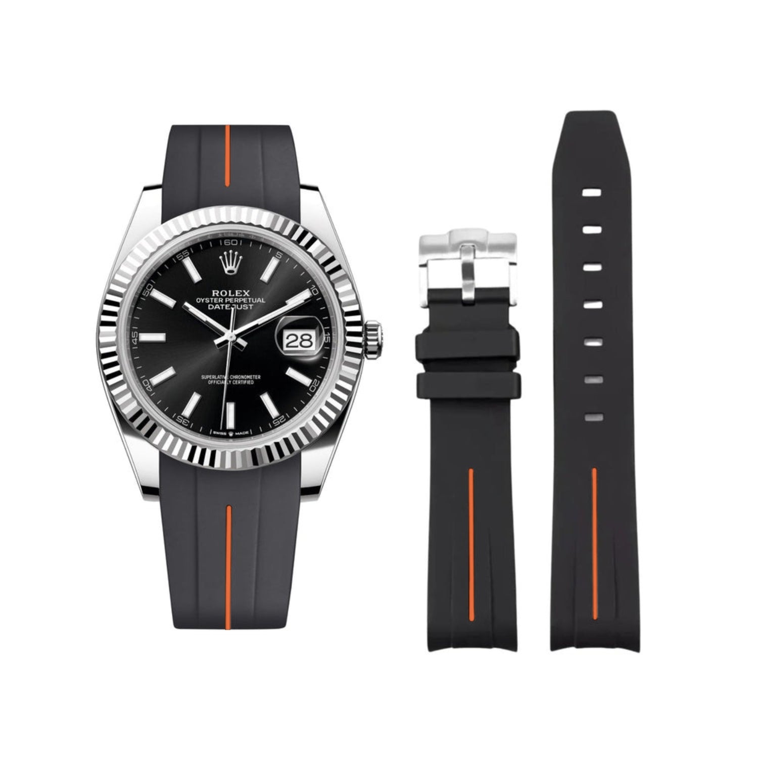 Rubber Strap - For Rolex Datejust 41mm - Black w/Orange Line | LuxLine® - Helvetus