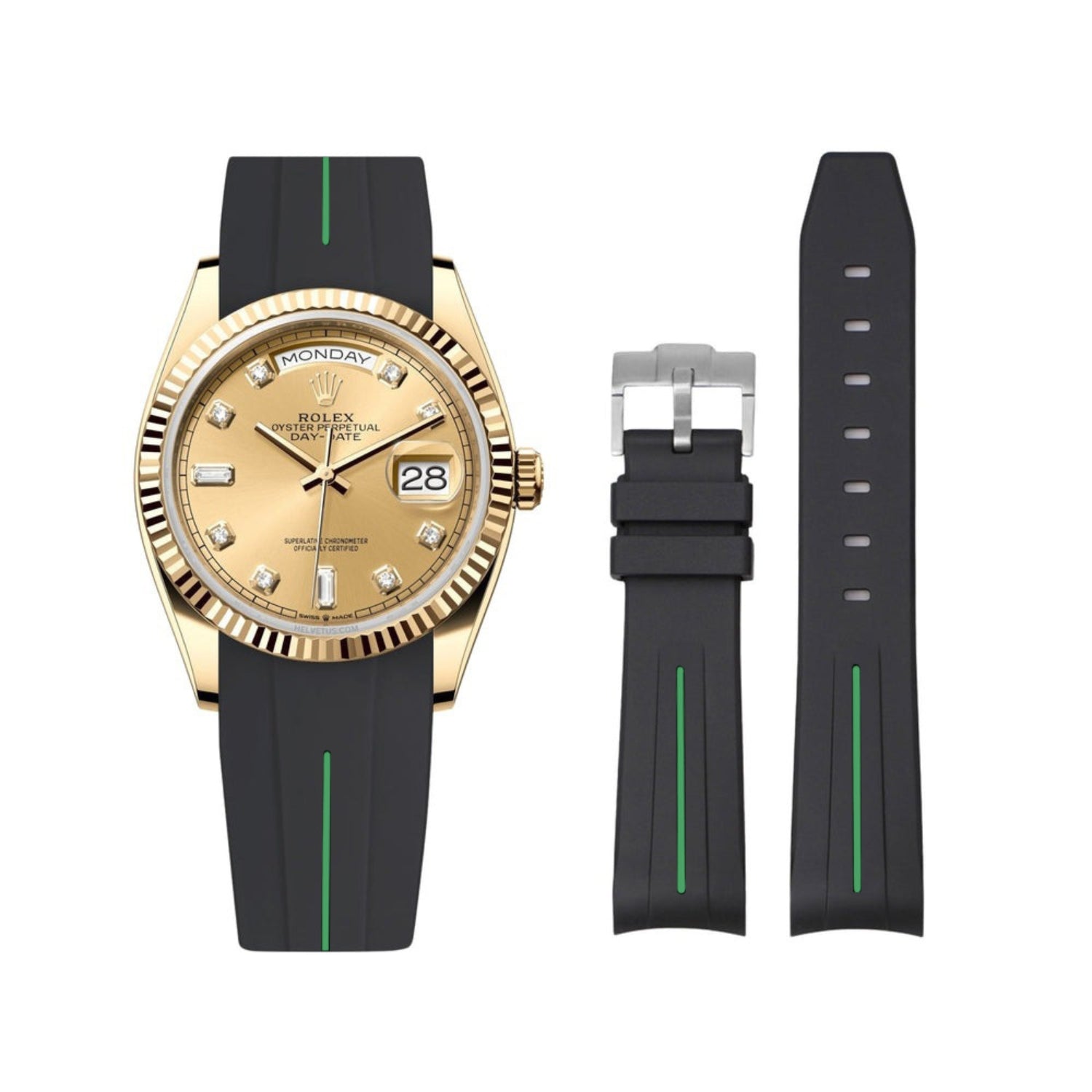Rubber Strap - For Rolex Day - Date 36mm - Black w/Green Line | LuxLine® - Helvetus