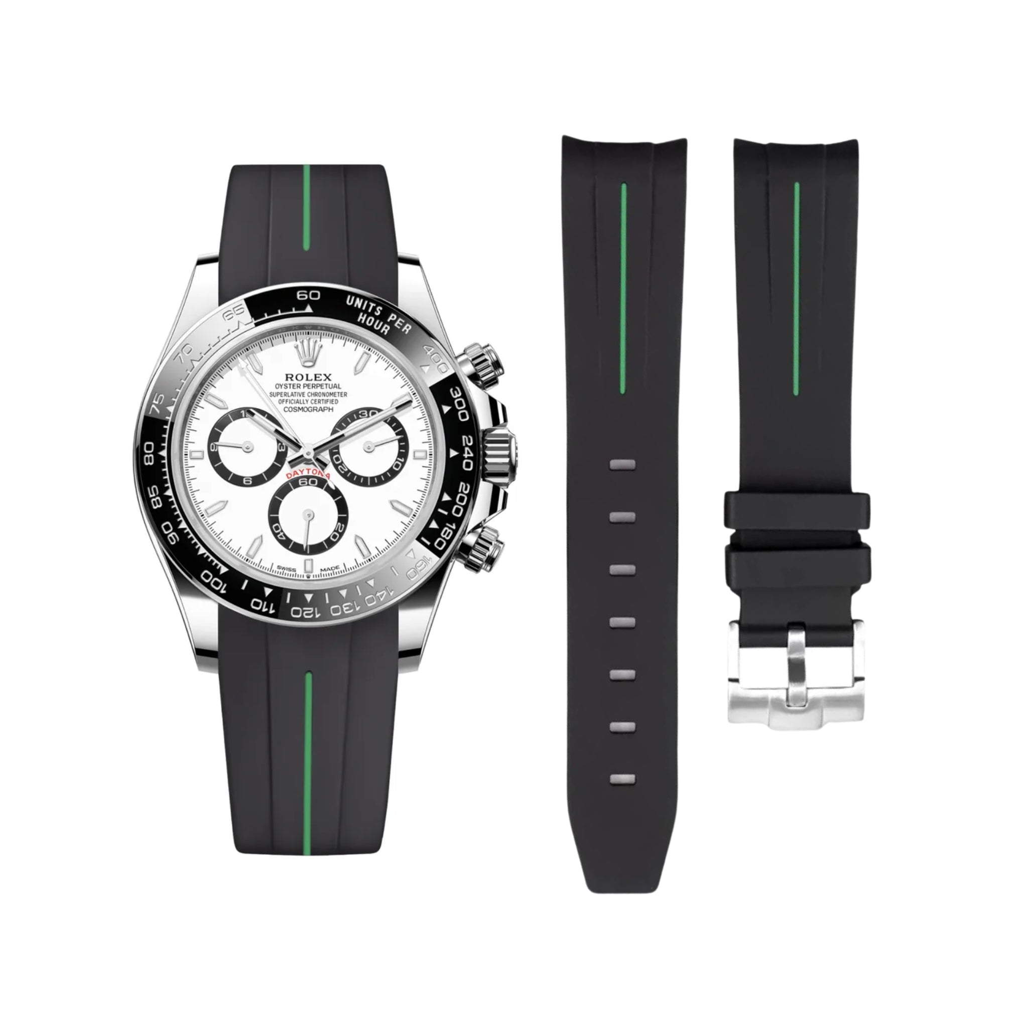 Rubber Strap - For Rolex Daytona - Black w/Green Line | LuxLine® - Helvetus