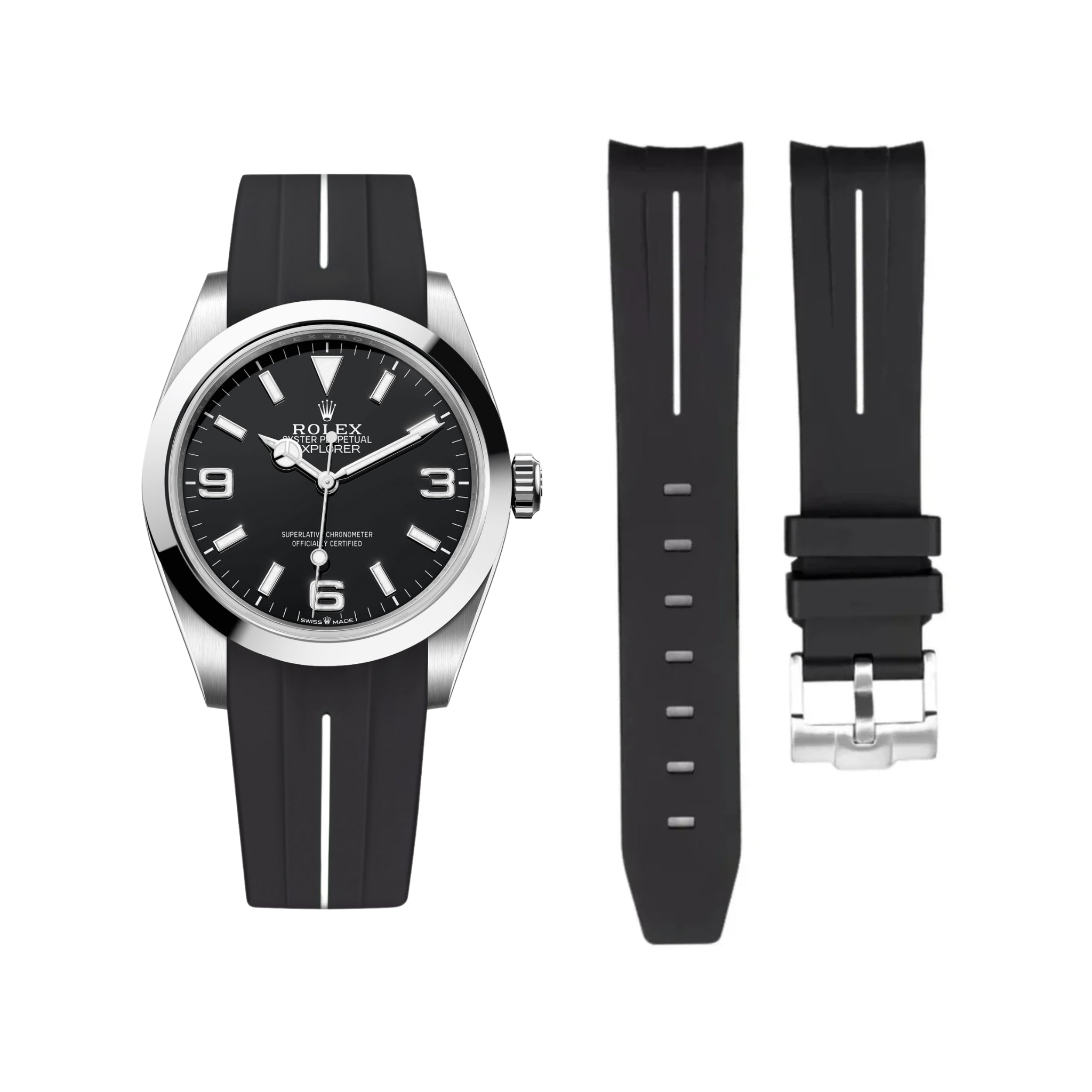 Rubber Strap - For Rolex Explorer I - Black w/White Line | LuxLine® - Helvetus