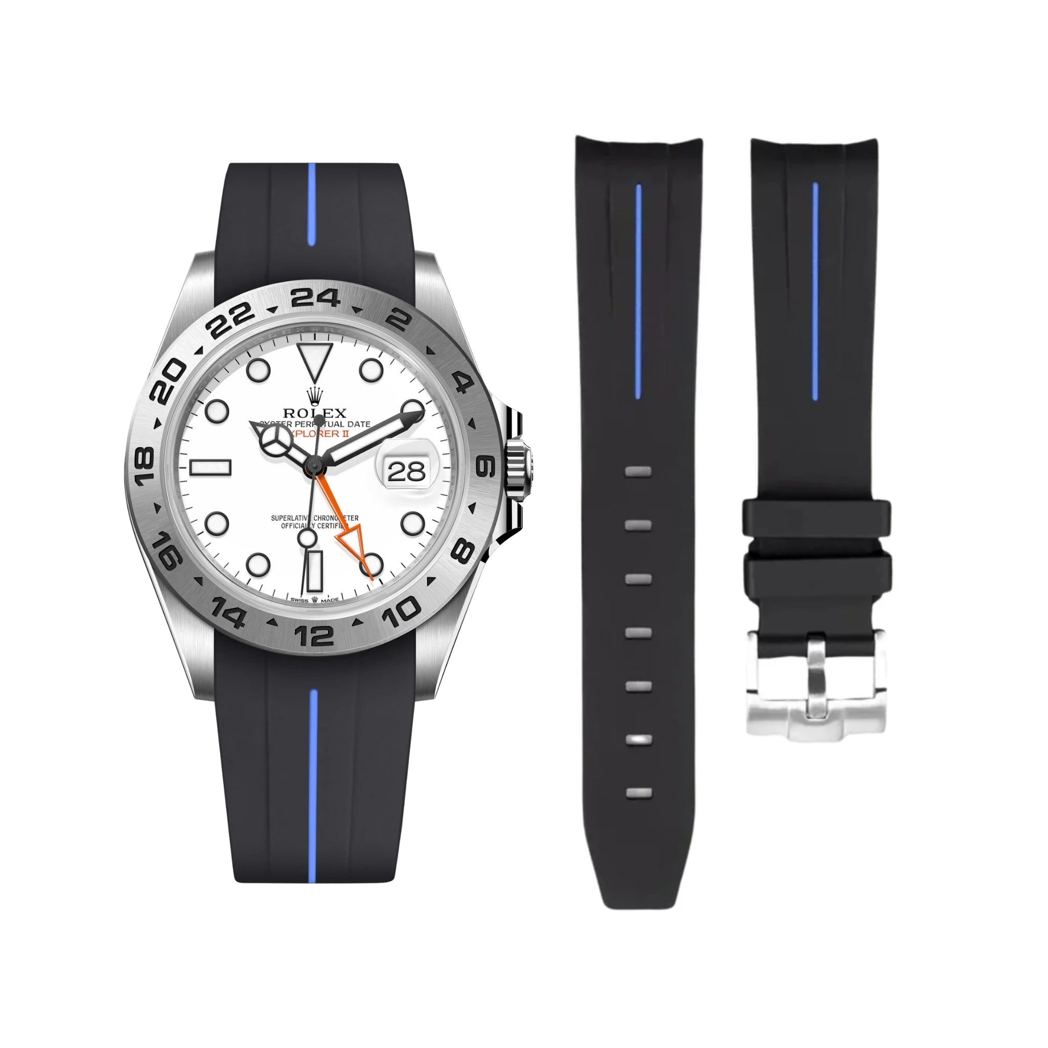 Rubber Strap - For Rolex Explorer II - Black w/Blue Line | LuxLine® - Helvetus