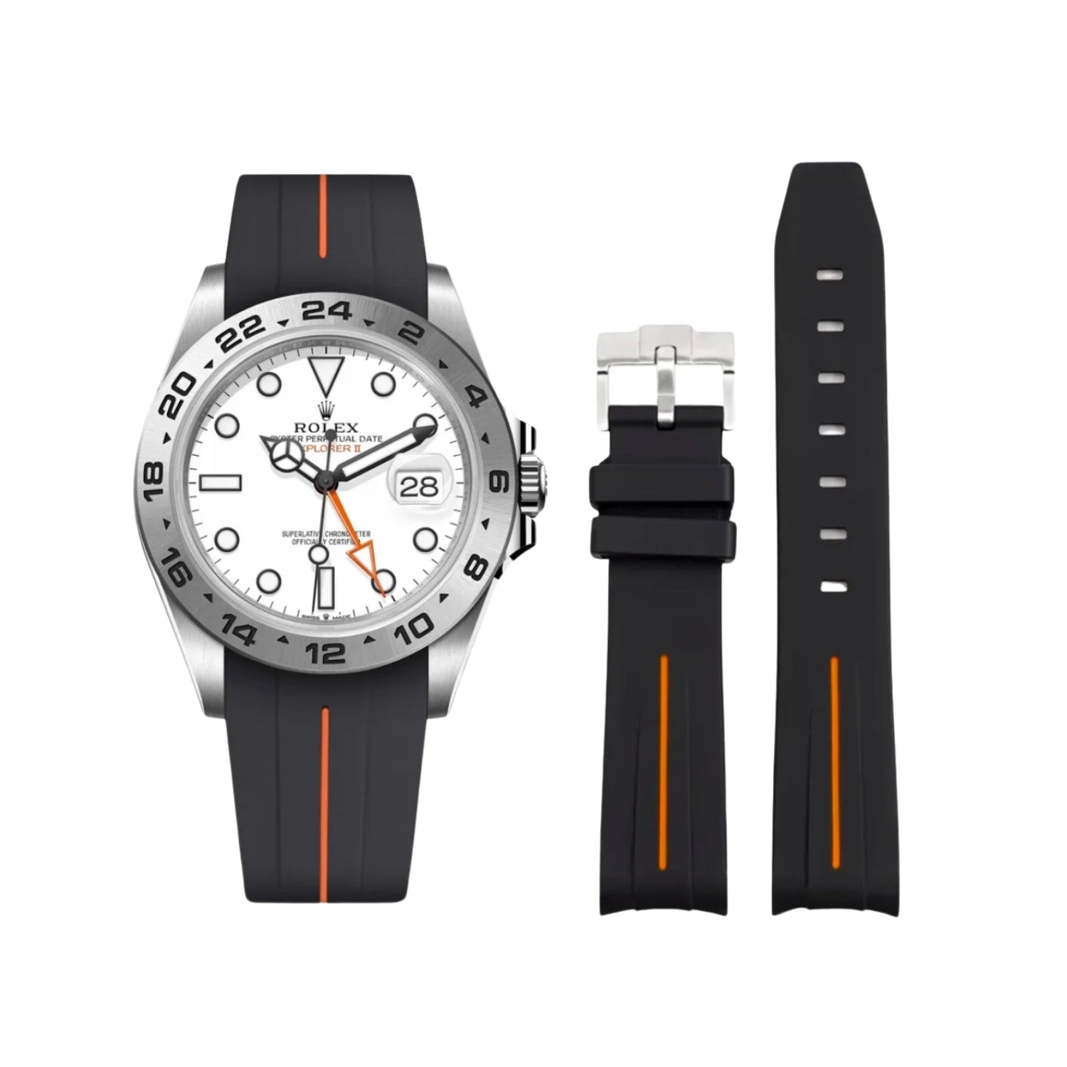 Rubber Strap - For Rolex Explorer II - Black w/Orange Line | LuxLine® - Helvetus