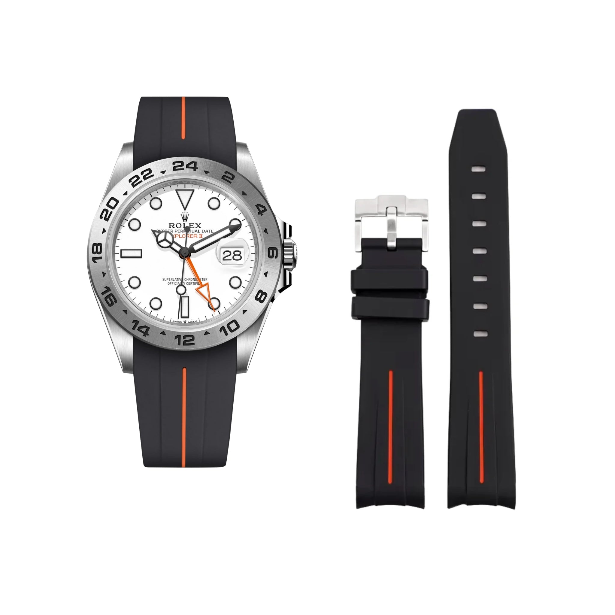 Rubber Strap - For Rolex Explorer II - Black w/Orange Line | LuxLine® - Helvetus