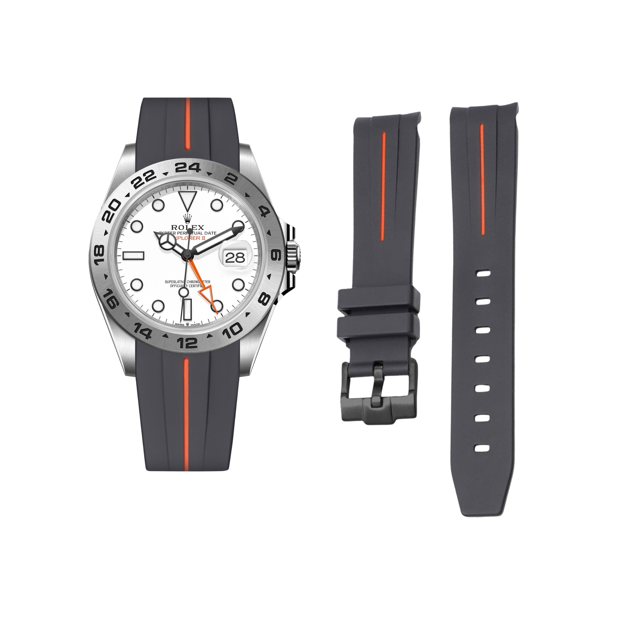 Rubber Strap - For Rolex Explorer II - Black/Orange - Helvetus