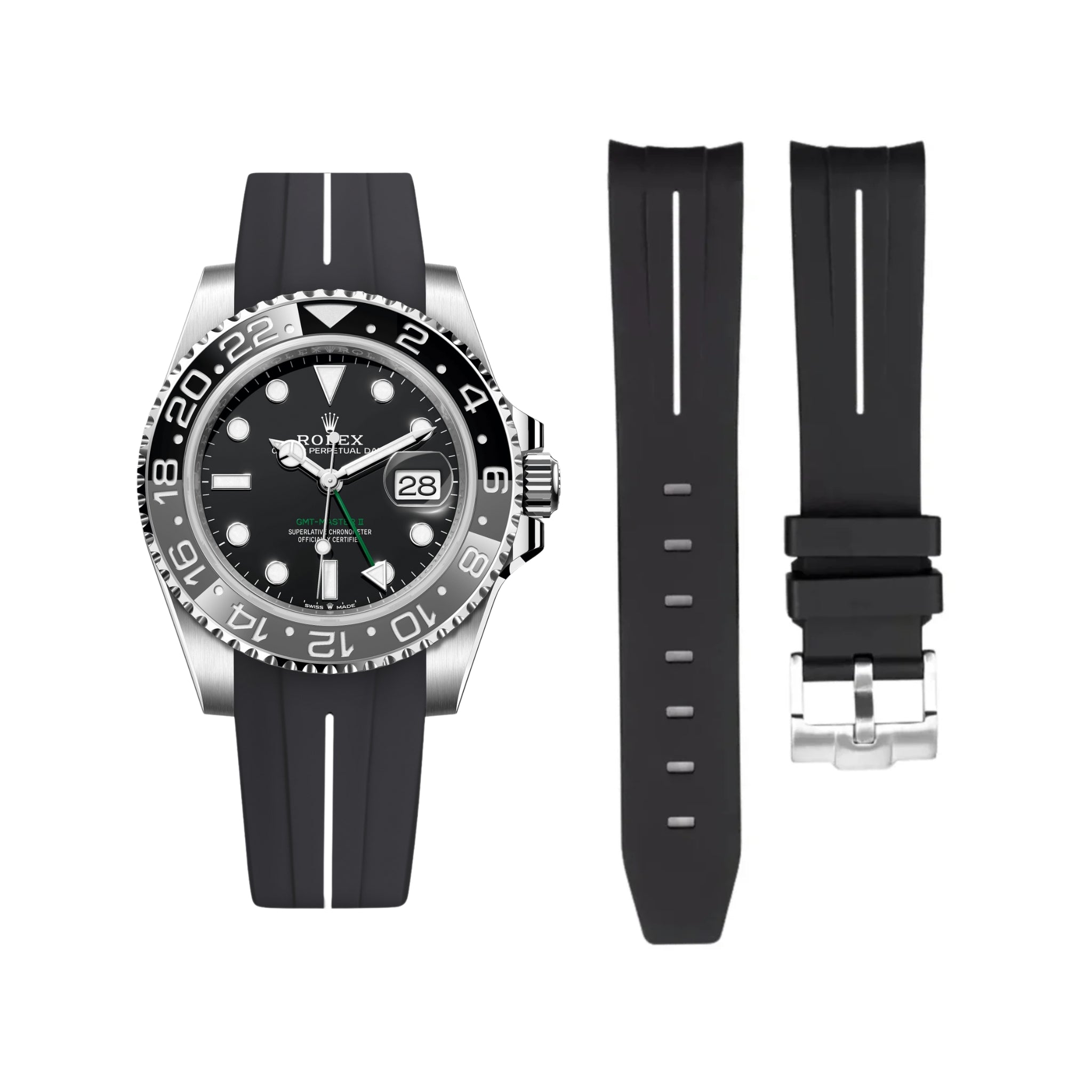 Rubber Strap - For Rolex GMT - Master II - Black w/White Line | LuxLine® - Helvetus