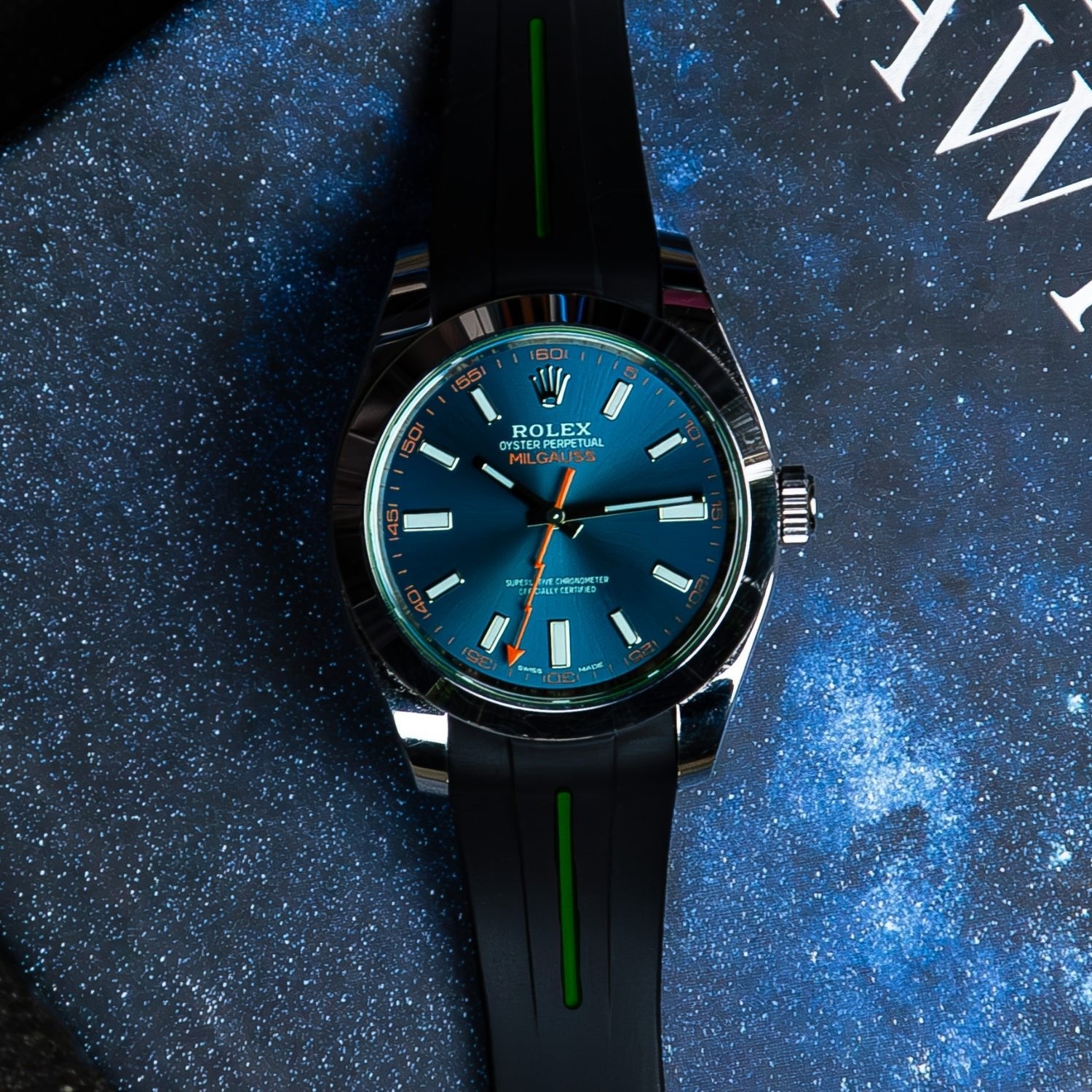 Rubber Strap - For Rolex Milgauss - Black w/Green Line | LuxLine® - Helvetus