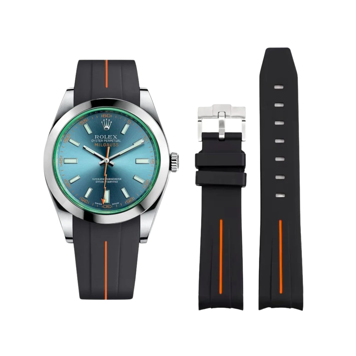 Rubber Strap - For Rolex Milgauss - Black w/Orange Line | LuxLine® - Helvetus