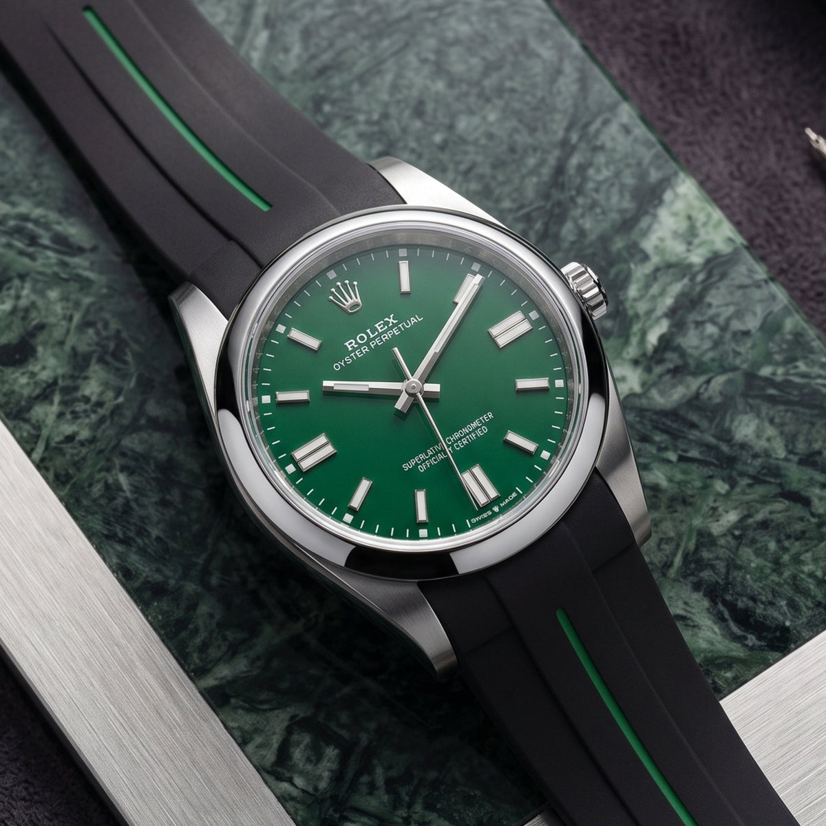 Rubber Strap - For Rolex Oyster Perpetual 36mm - Black w/Green Line | LuxLine® - Helvetus