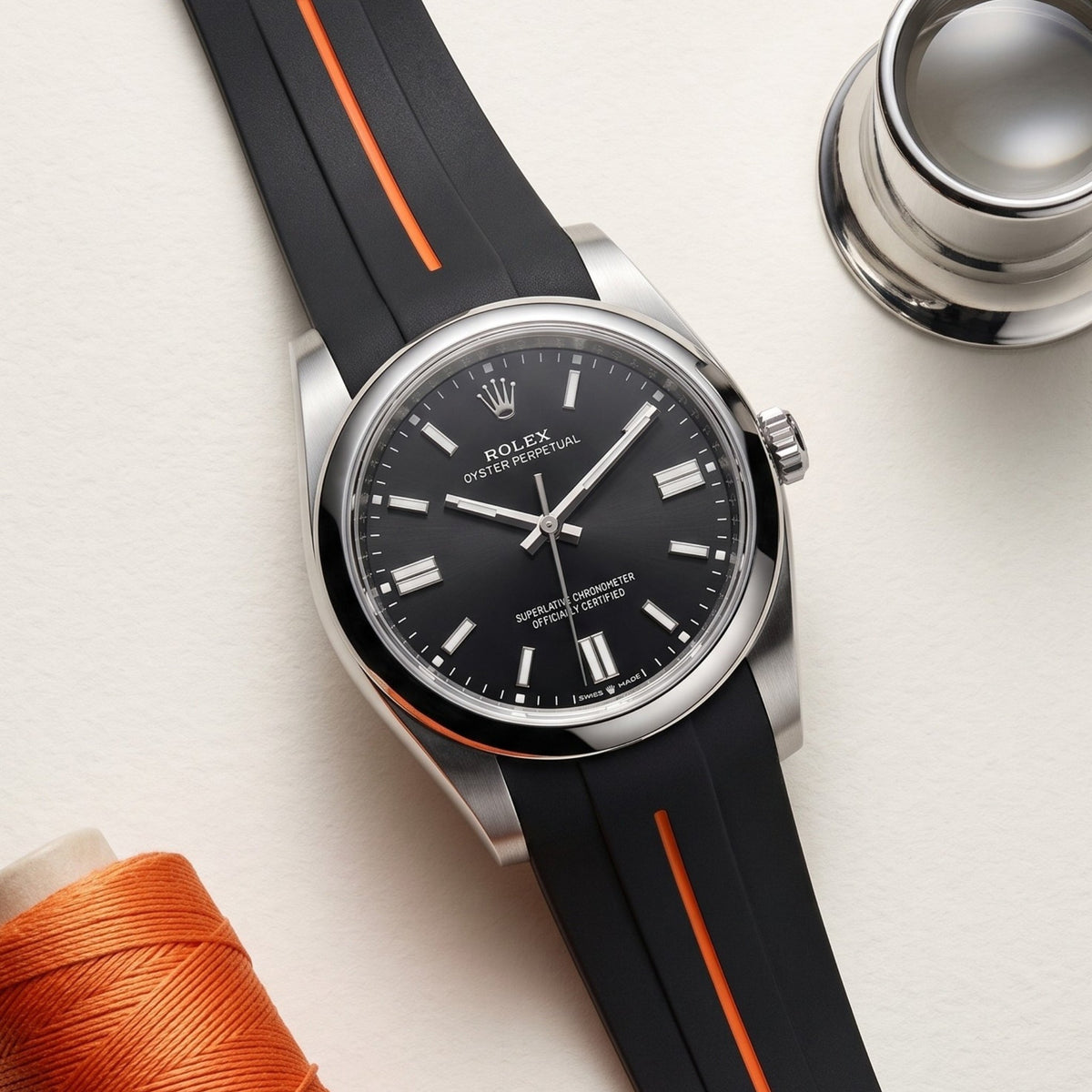 Rubber Strap - For Rolex Oyster Perpetual 36mm - Black w/Orange Line | LuxLine® - Helvetus