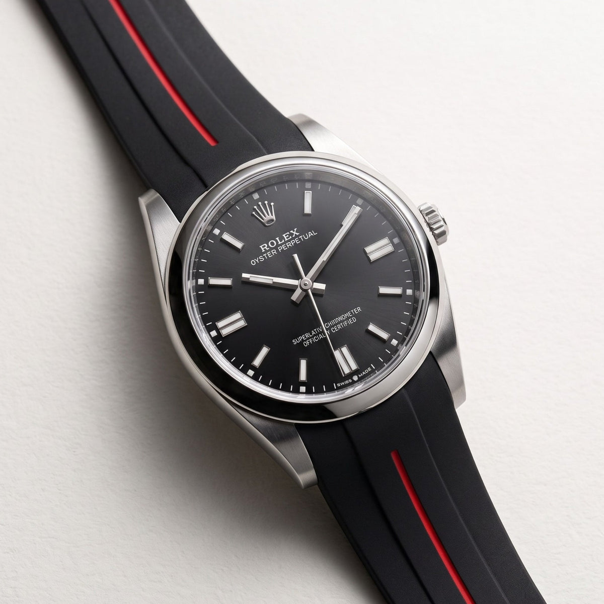 Rubber Strap - For Rolex Oyster Perpetual 36mm - Black w/Red Line | LuxLine® - Helvetus
