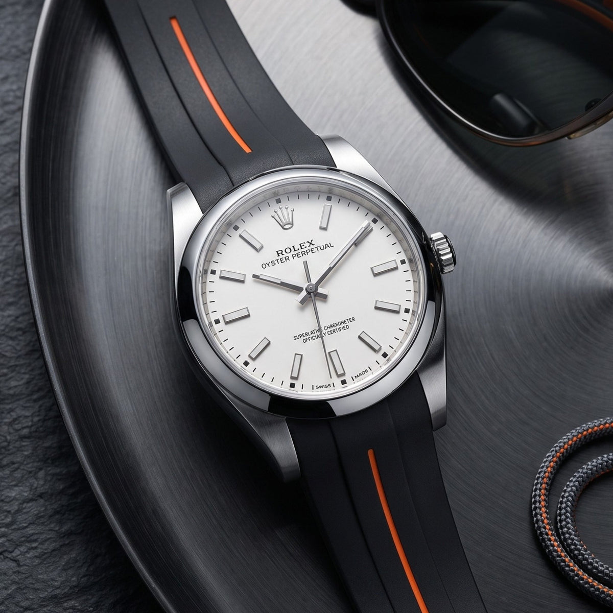Rubber Strap - For Rolex Oyster Perpetual 39mm - Black w/Orange Line | LuxLine® - Helvetus