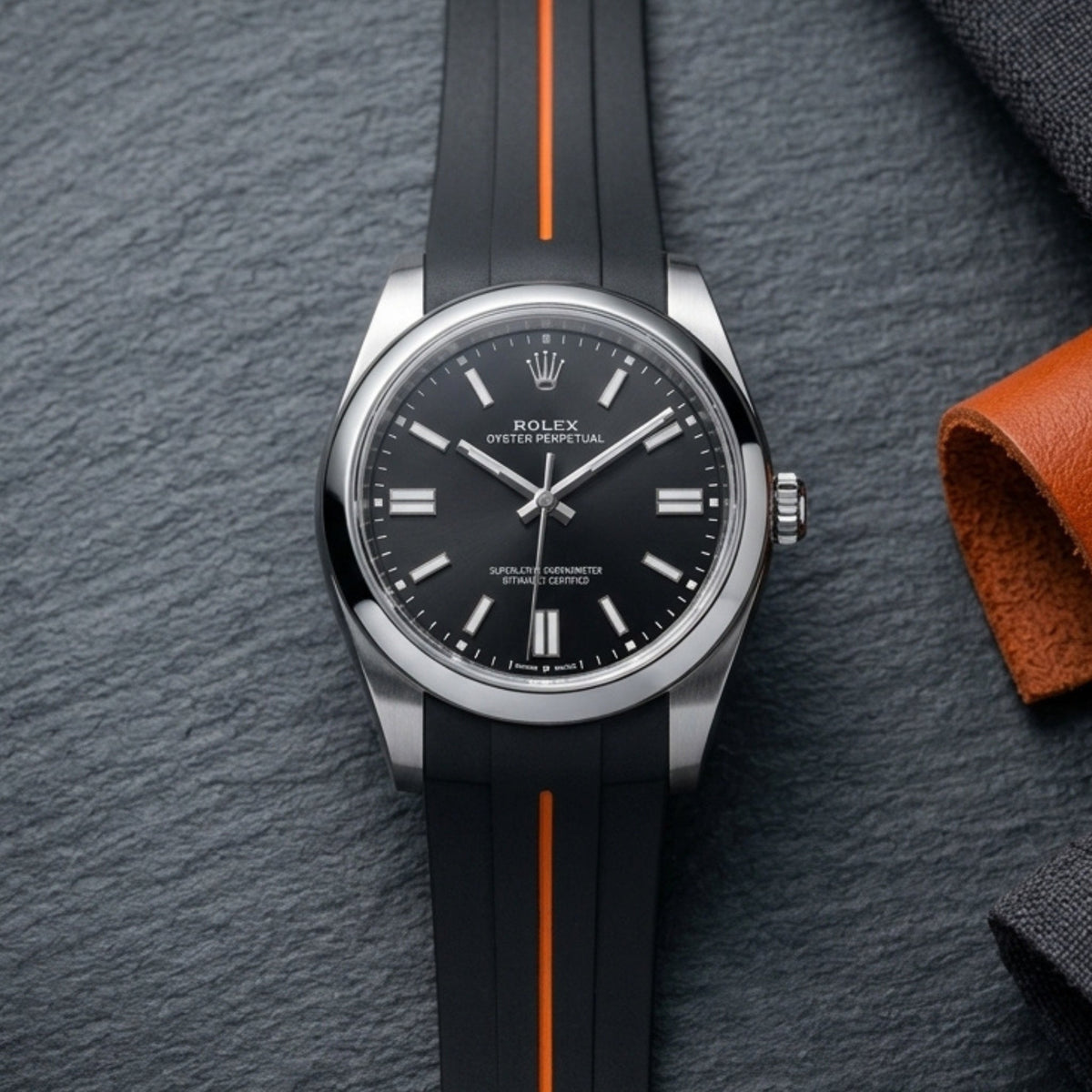 Rubber Strap - For Rolex Oyster Perpetual 41mm - Black w/Orange Line | LuxLine® - Helvetus