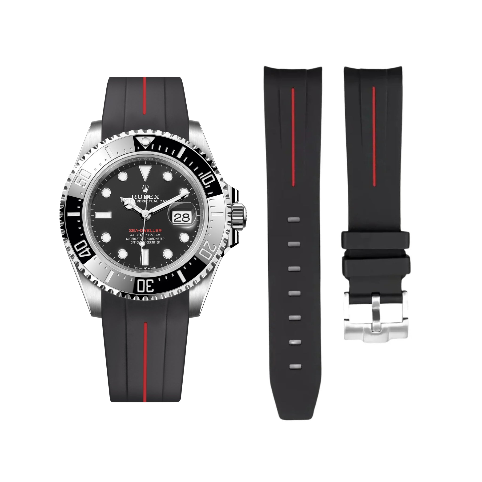 Rubber Strap - For Rolex Sea - Dweller - Black w/Red Line | LuxLine® - Helvetus