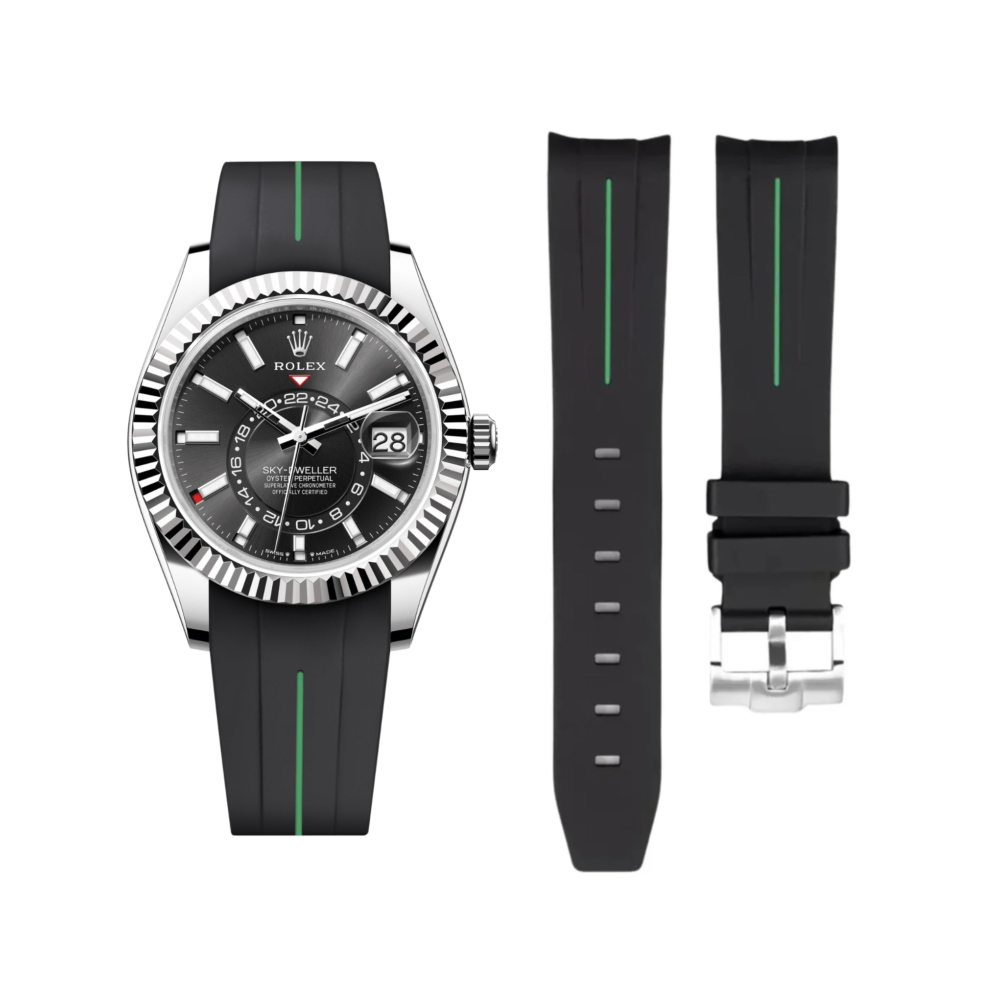 Rubber Strap - For Rolex Sky - Dweller - Black w/Green Line | LuxLine® - Helvetus