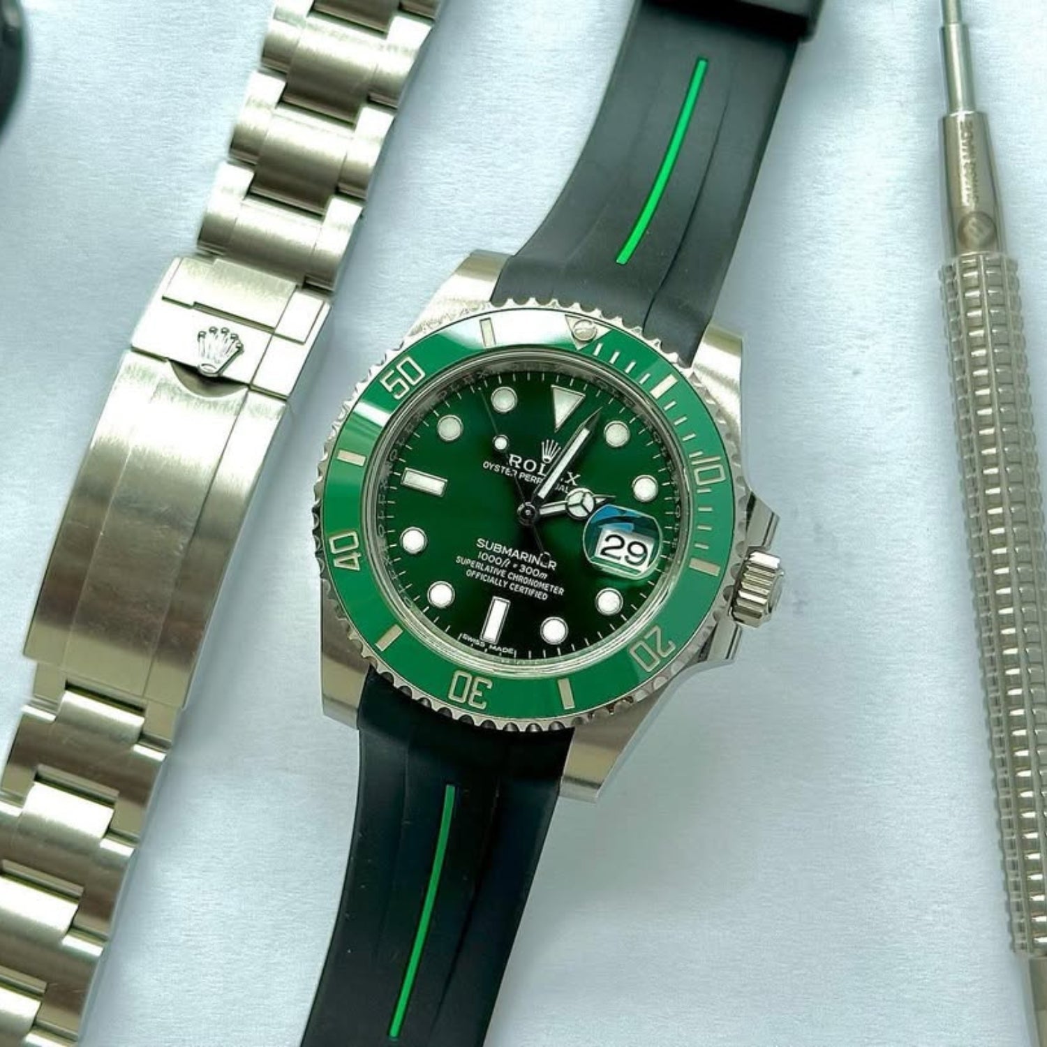 Rubber Strap - For Rolex Submariner - Black w/Green Line | LuxLine® - Helvetus