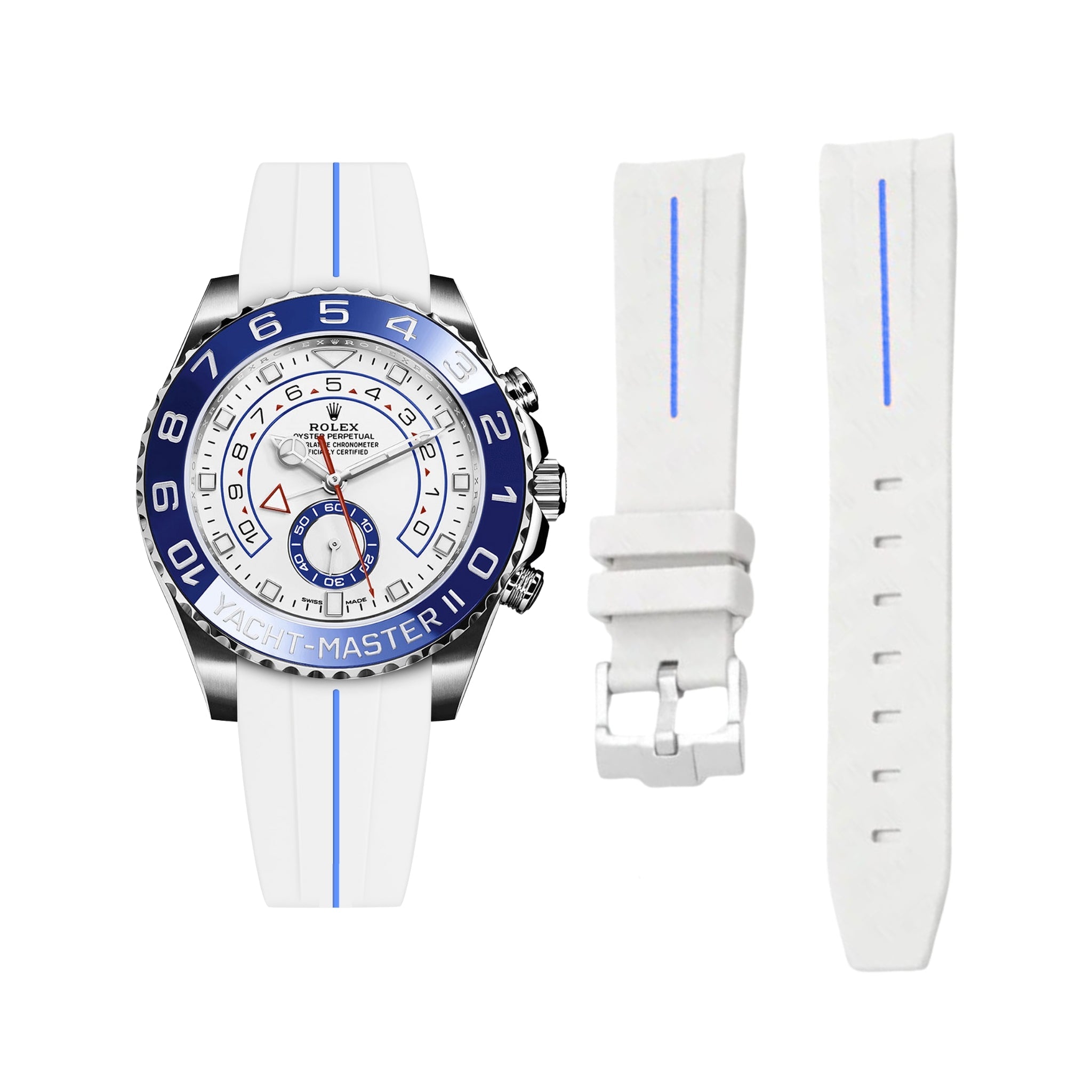 Rubber Strap - For Rolex Yacht - Master II - White with Blue Line - Helvetus